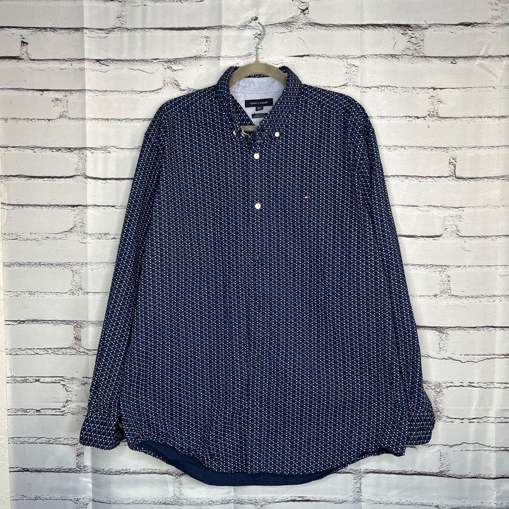 Tommy Hilfiger Classic Fit XL Navy Logo-Print Button-Up Shirt Streetwear Top Y2K